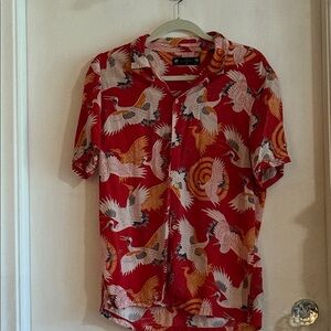 All Saints Hawaiian Red Crane birds Men's Shirt Med